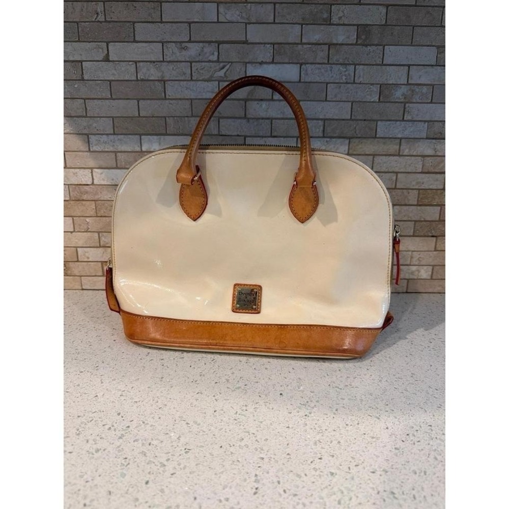 Dooney Bourke Zip Zip Satchel Patent Leather Pearl White Tan Trim